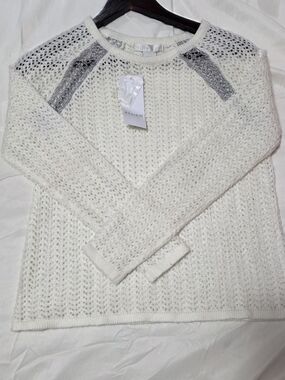 Neiman Marcus Cream Open-Knit Long Sleeve Top with Silver Shoulder Panels